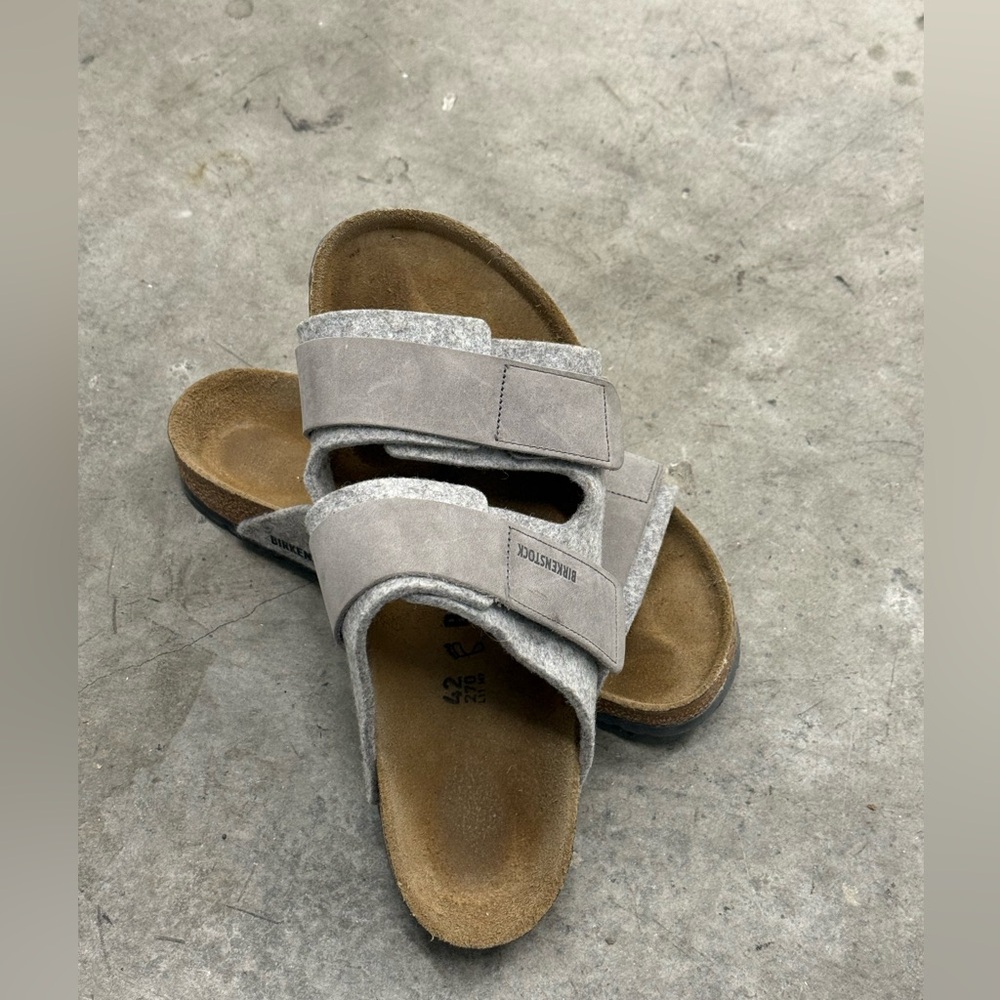 Birkenstock Light Gray Suede Two-Strap Slide Sandals - Picture 2 of 6